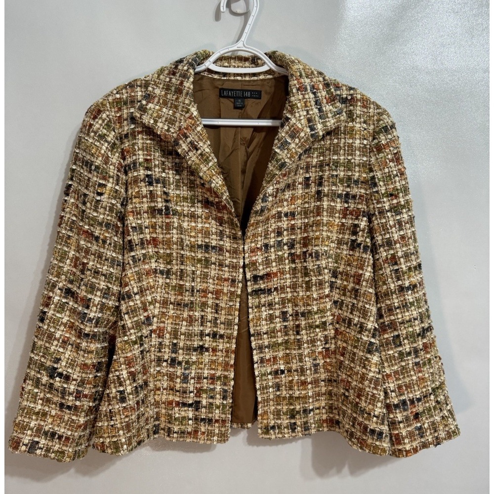 Lafayette 148 Size 16 Tweed Blazer Wool Blend Women's Brown Ivory Boucle Knit